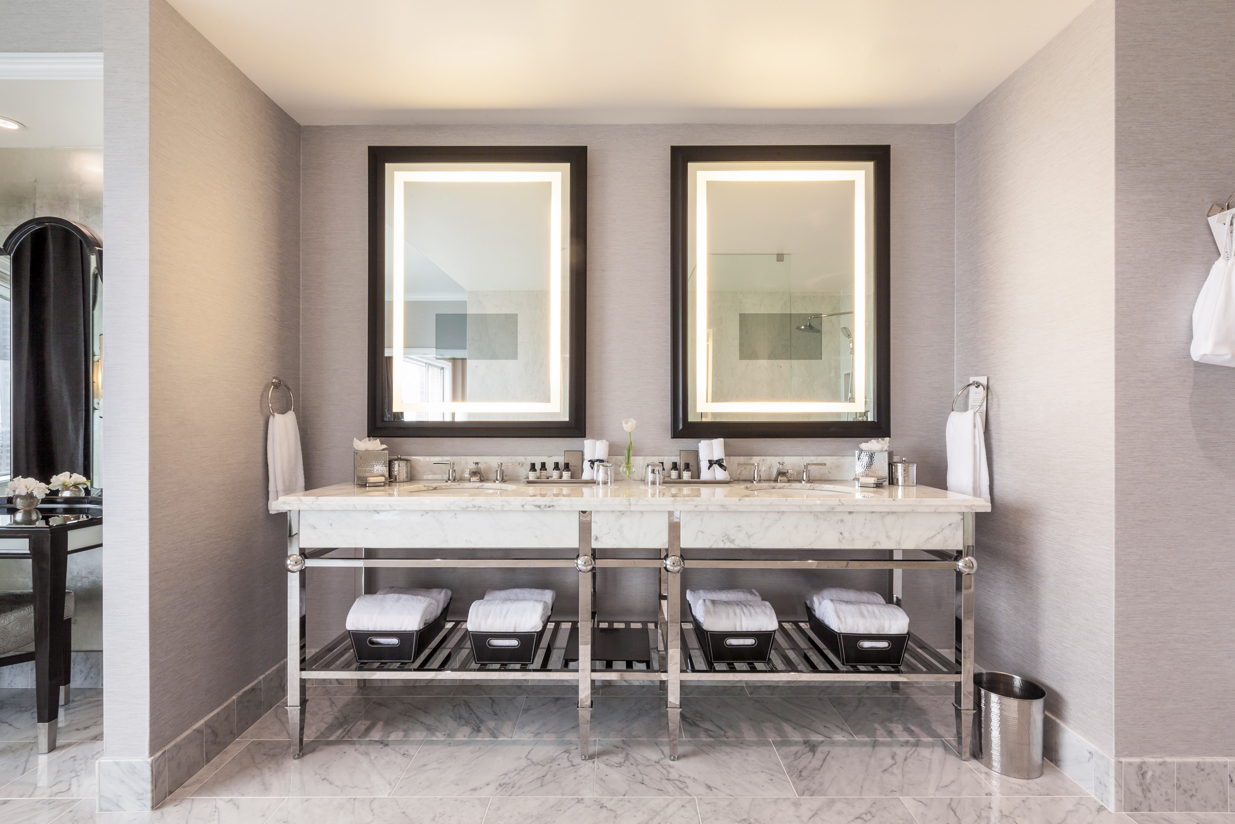 A wash stand with two sinks