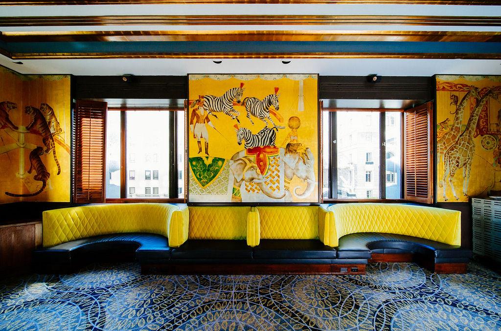 bright yellow booth seating