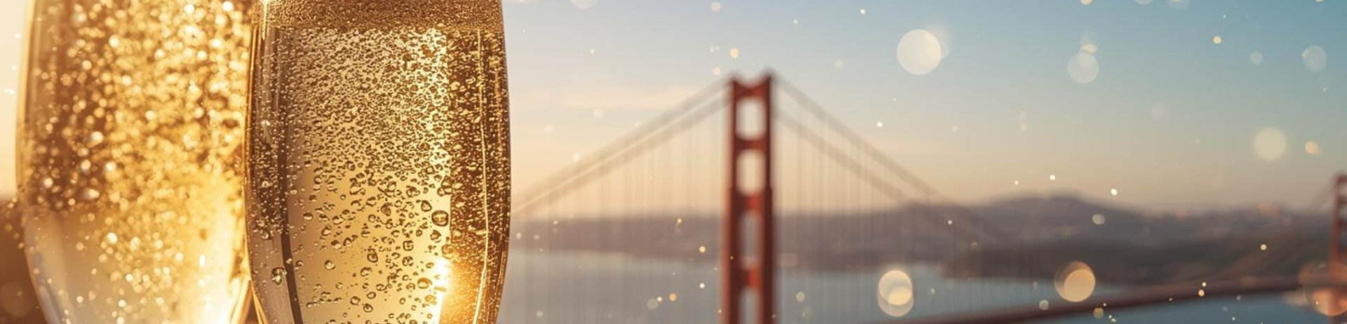 Pair of glasses filled with sparkling wine with a view of the iconic San Francisco Golden Gate Bridge at Sunset