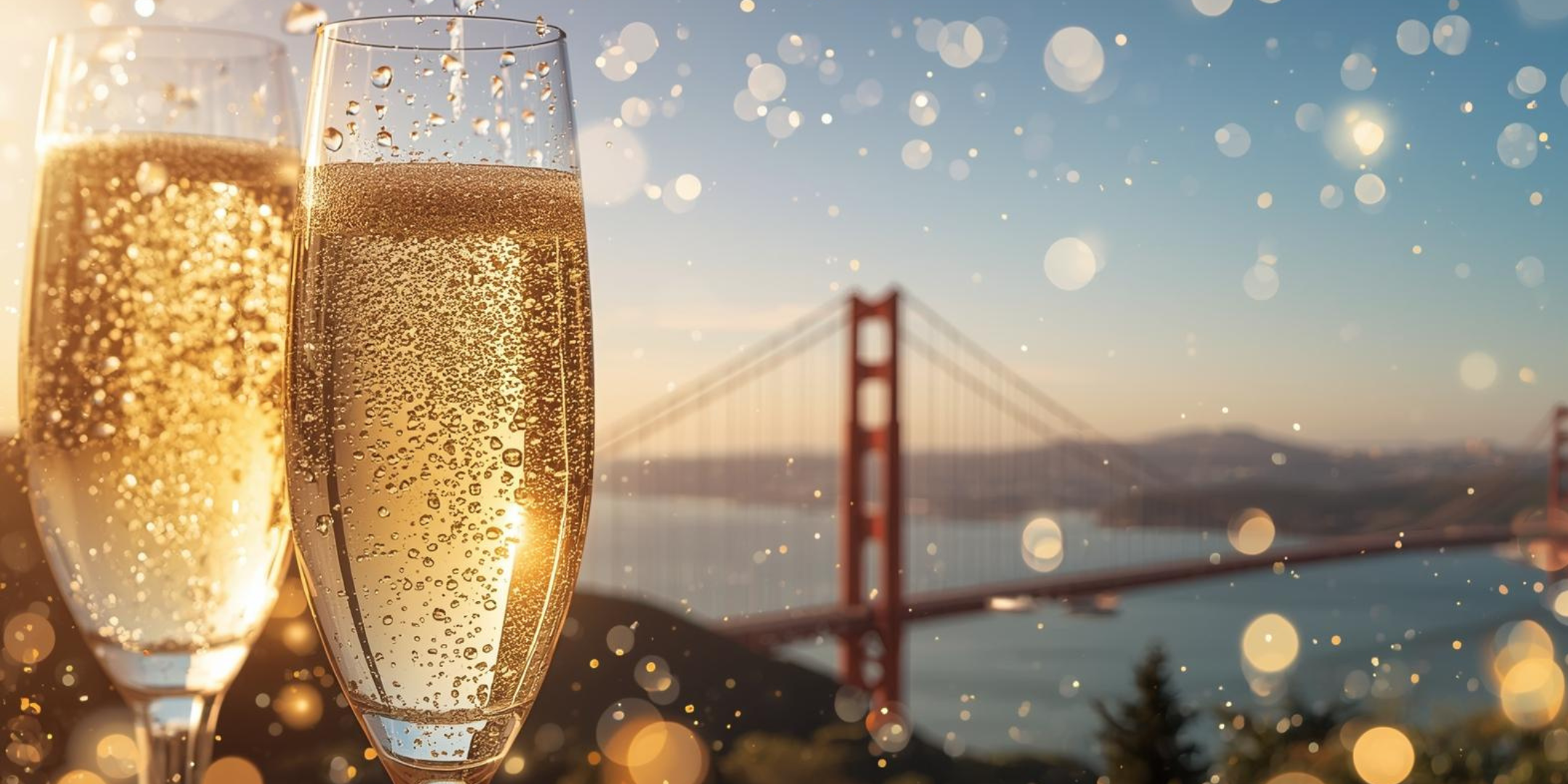 Pair of glasses filled with sparkling wine with a view of the iconic San Francisco Golden Gate Bridge at Sunset